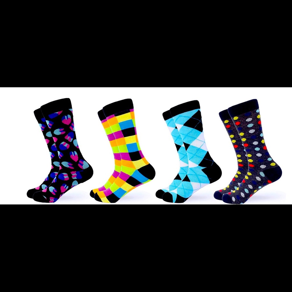 Men’s 4 Pairs Awesomely colorful and funny dress socks. 10-13